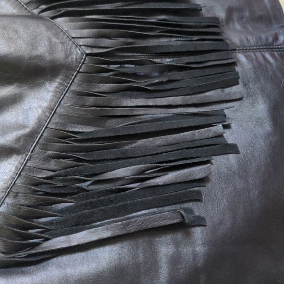Fringed faux-leather biker black mini skirt, size 6 - Picture 3 of 6